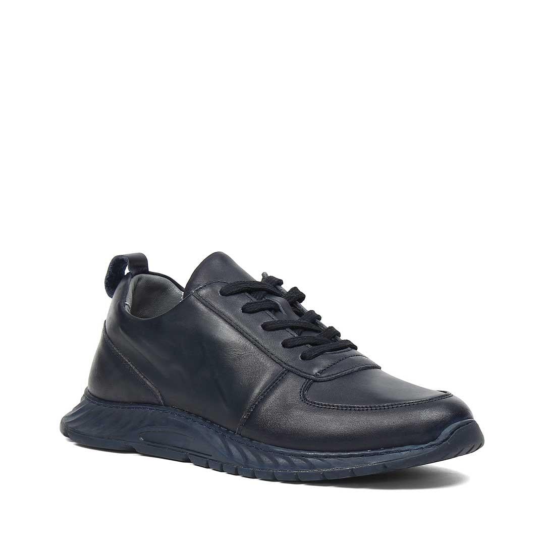 Erkek Lacivert Bağcıklı Deri Sneaker