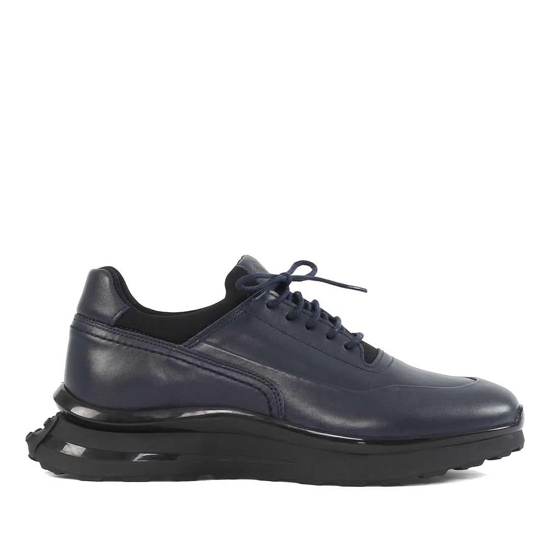Erkek Lacivert Bağcıklı Kalın Tabanlı Deri Sneaker