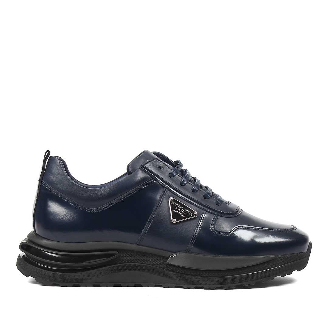 Erkek Lacivert Bağcıklı Kalın Tabanlı Deri Sneaker