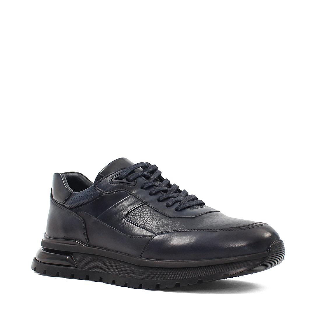 Erkek Lacivert Bağcıklı Kalın Tabanlı Deri Sneaker