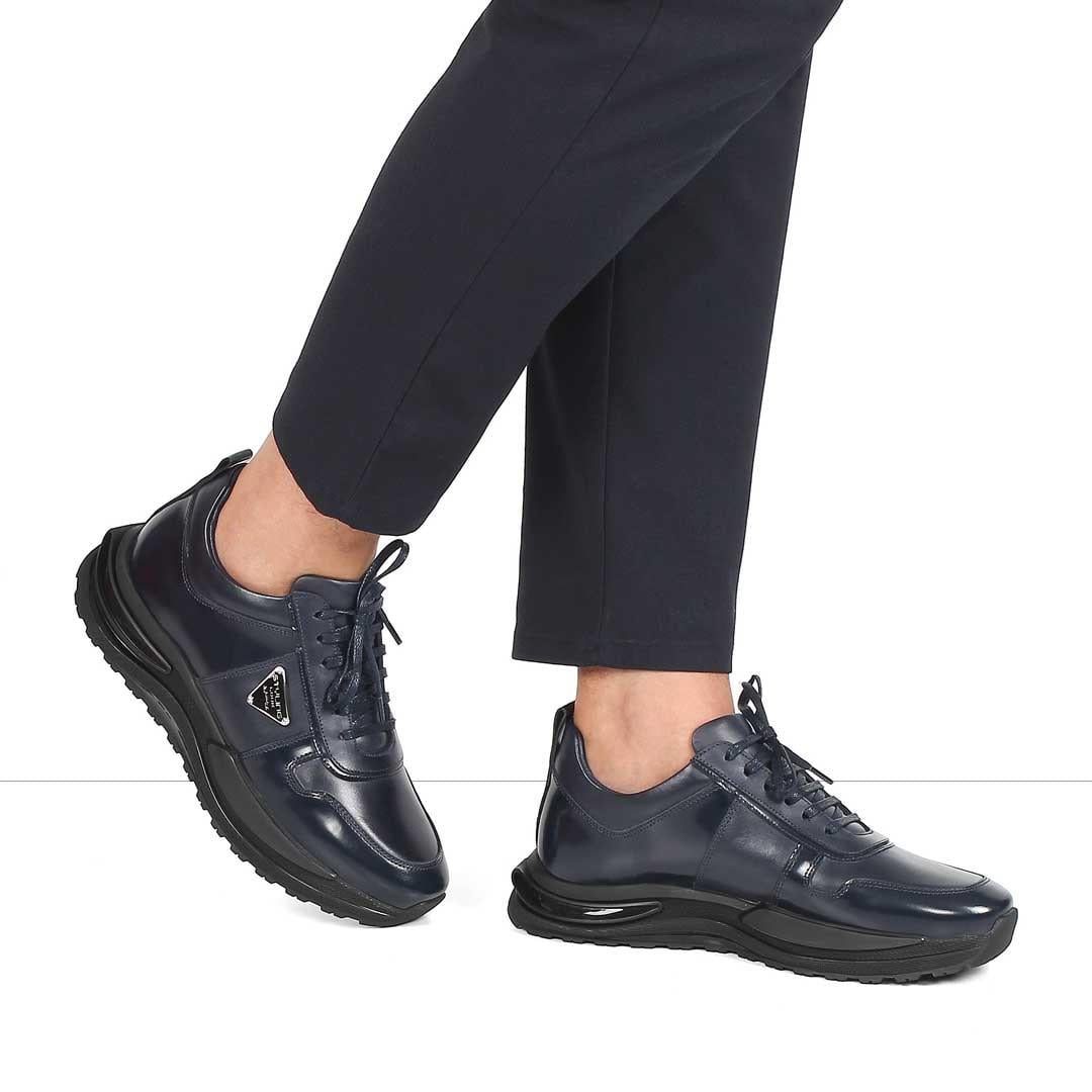 Erkek Lacivert Bağcıklı Kalın Tabanlı Deri Sneaker