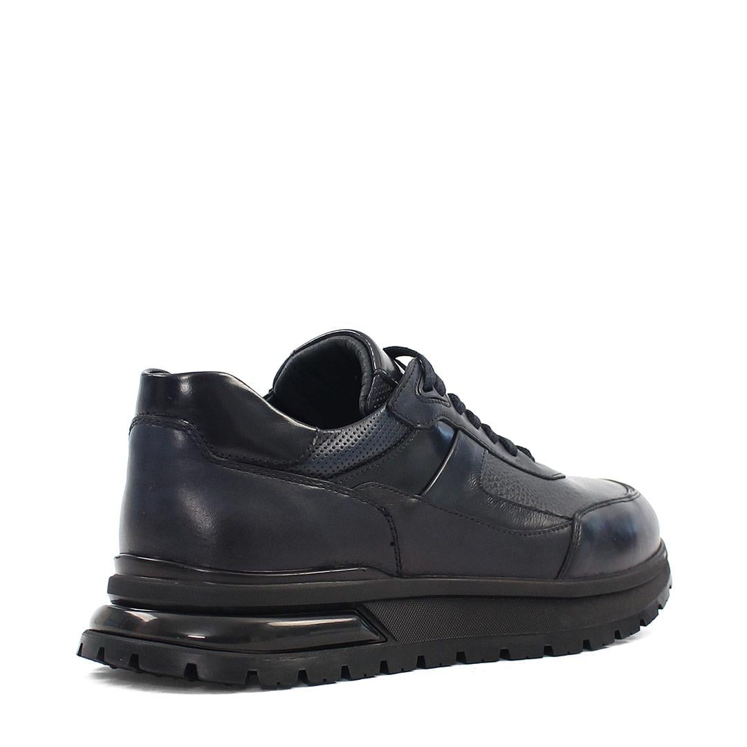 Erkek Lacivert Bağcıklı Kalın Tabanlı Deri Sneaker