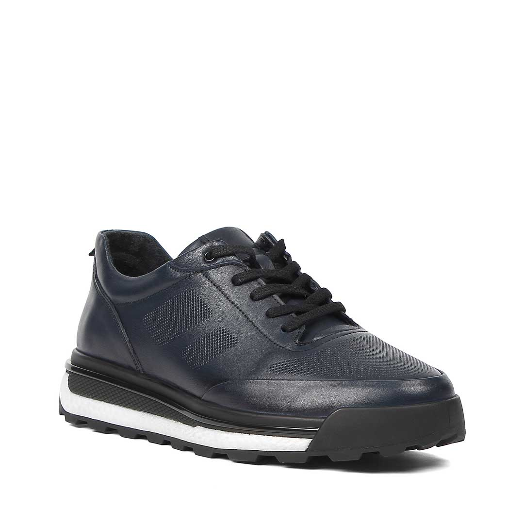 Erkek Lacivert Bağcıklı Kalın Tabanlı Deri Sneaker