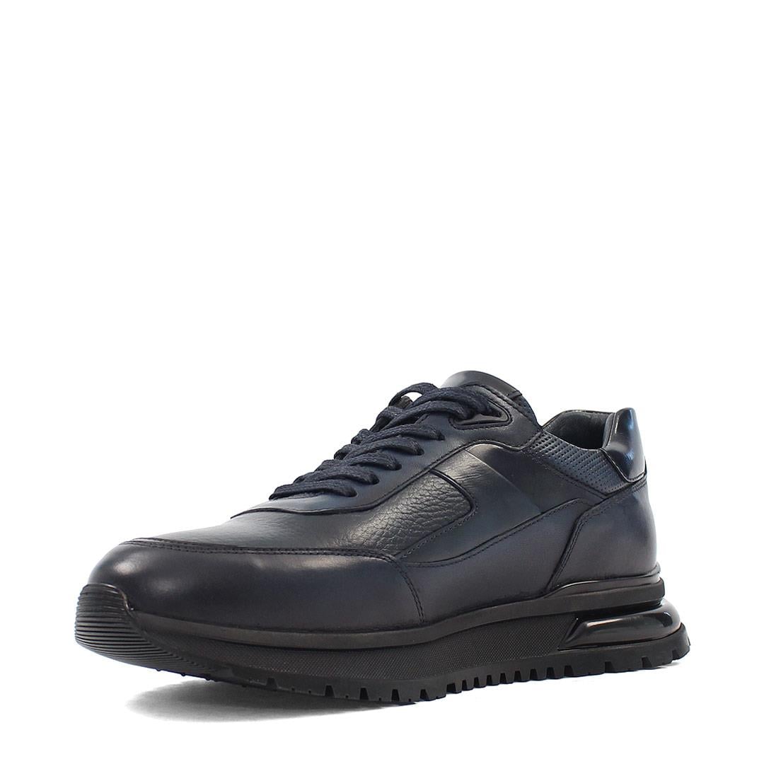 Erkek Lacivert Bağcıklı Kalın Tabanlı Deri Sneaker