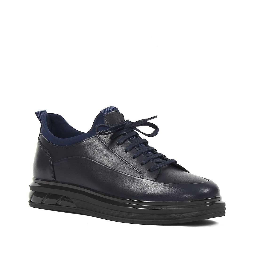 Erkek Lacivert Bağcıklı Kalın Tabanlı Deri Sneaker