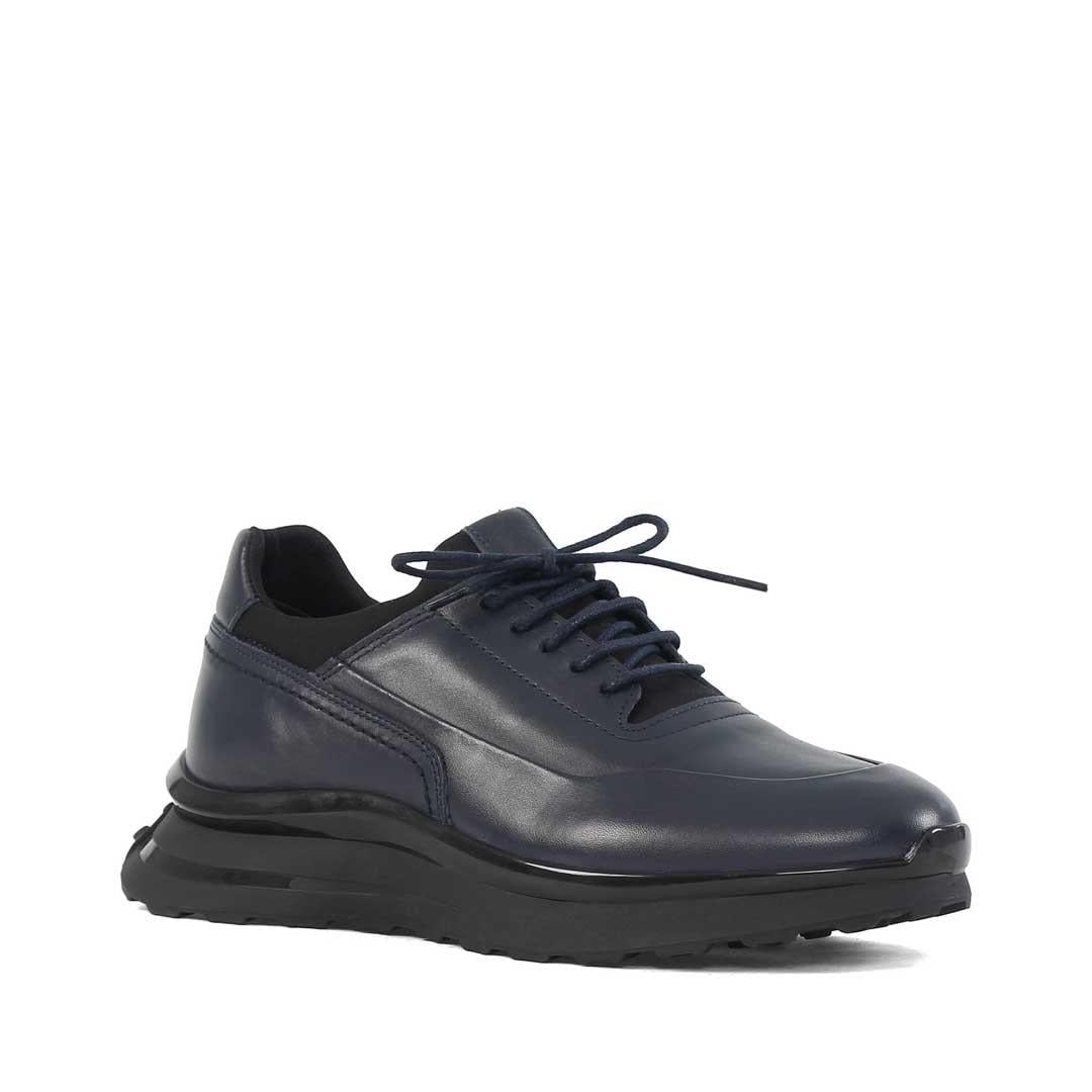 Erkek Lacivert Bağcıklı Kalın Tabanlı Deri Sneaker
