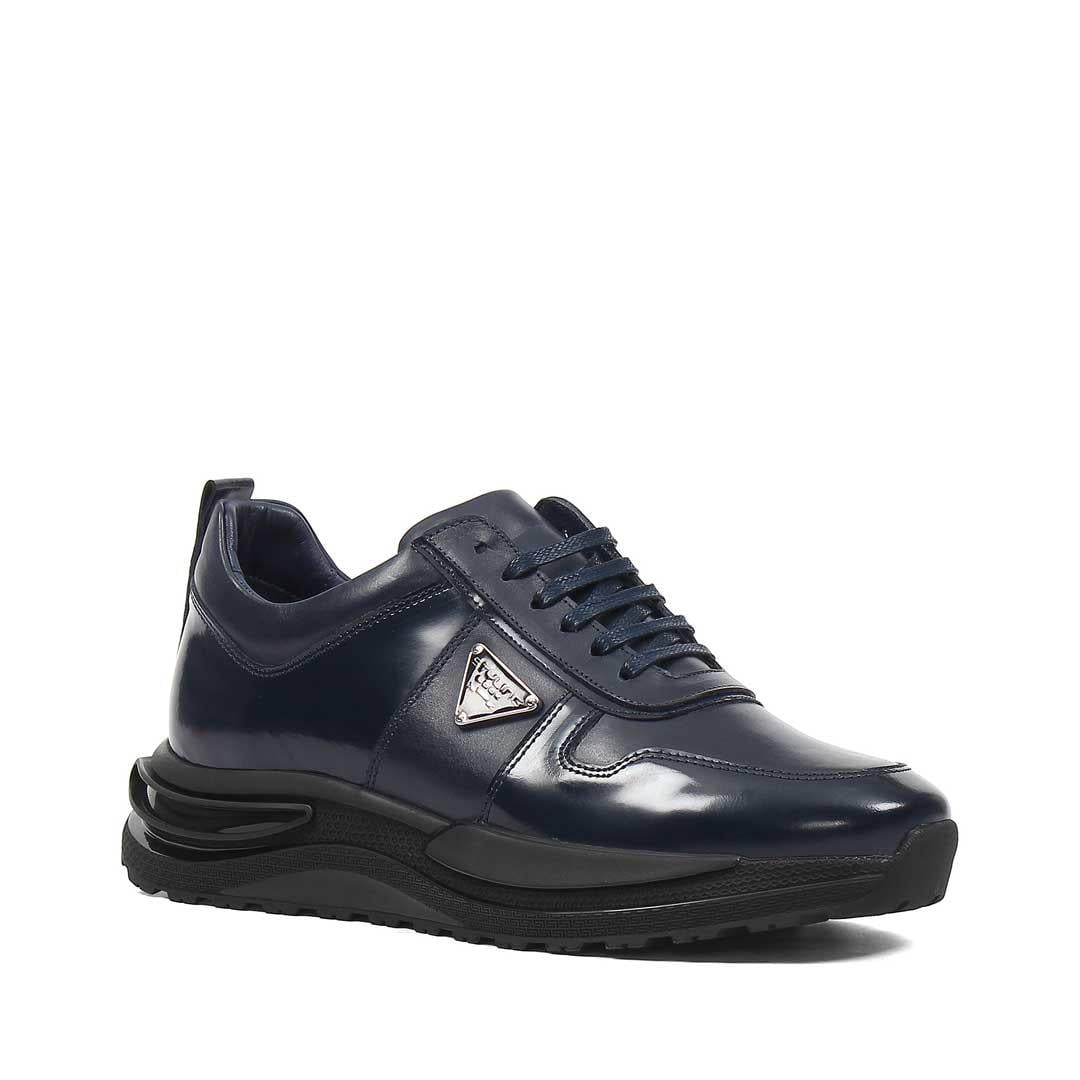 Erkek Lacivert Bağcıklı Kalın Tabanlı Deri Sneaker
