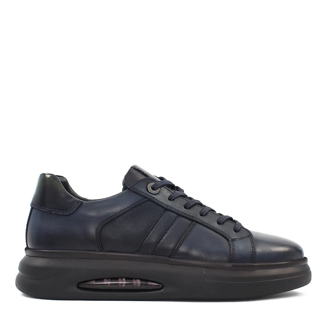 Erkek Lacivert Bağcıklı Kalın Tabanlı Deri Sneaker