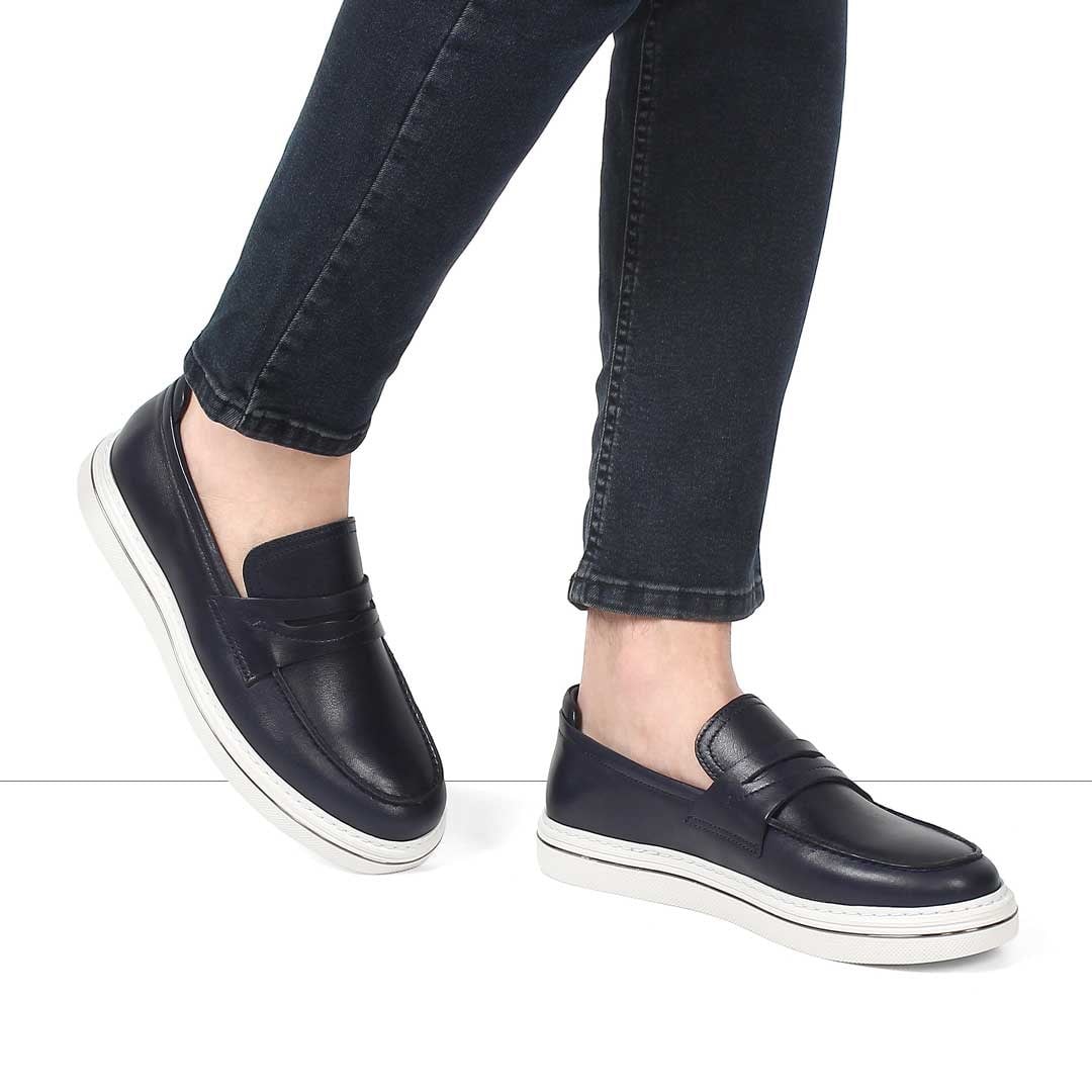 Erkek Lacivert Kalın Tabanlı Deri Loafer