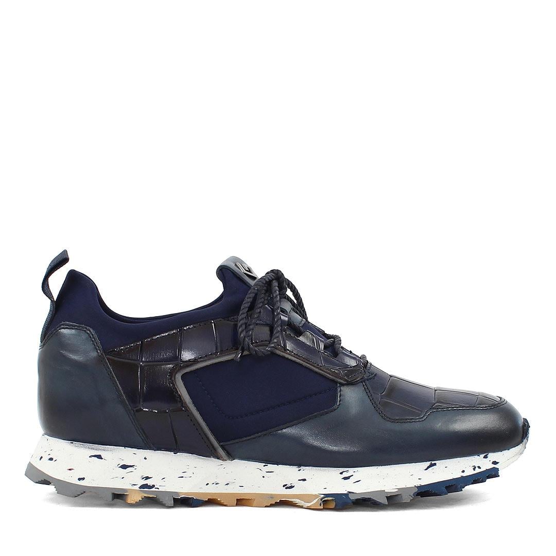 Erkek Lacivert Kroko Bağcıklı Kalın Tabanlı Deri Sneaker