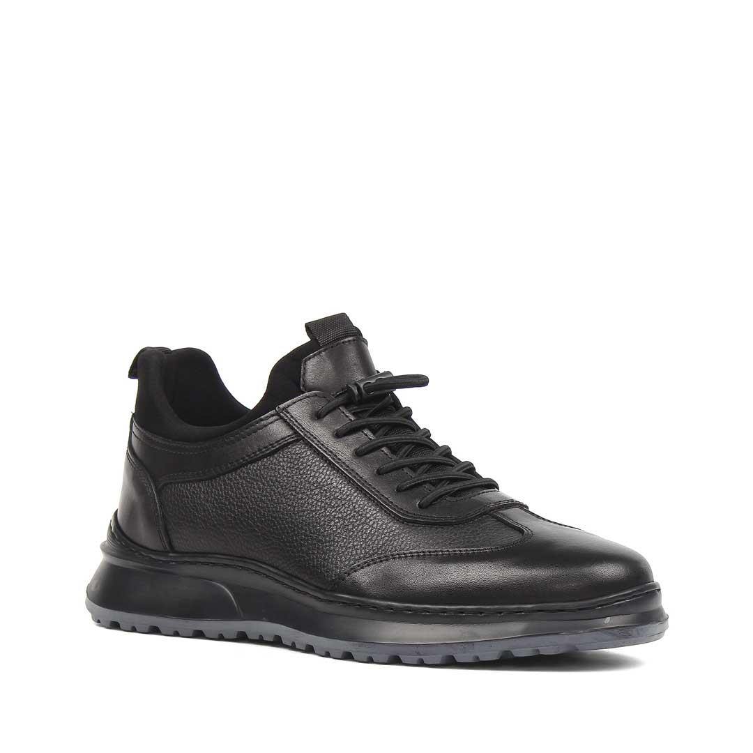 Erkek Siyah Bağcıklı Deri Sneaker