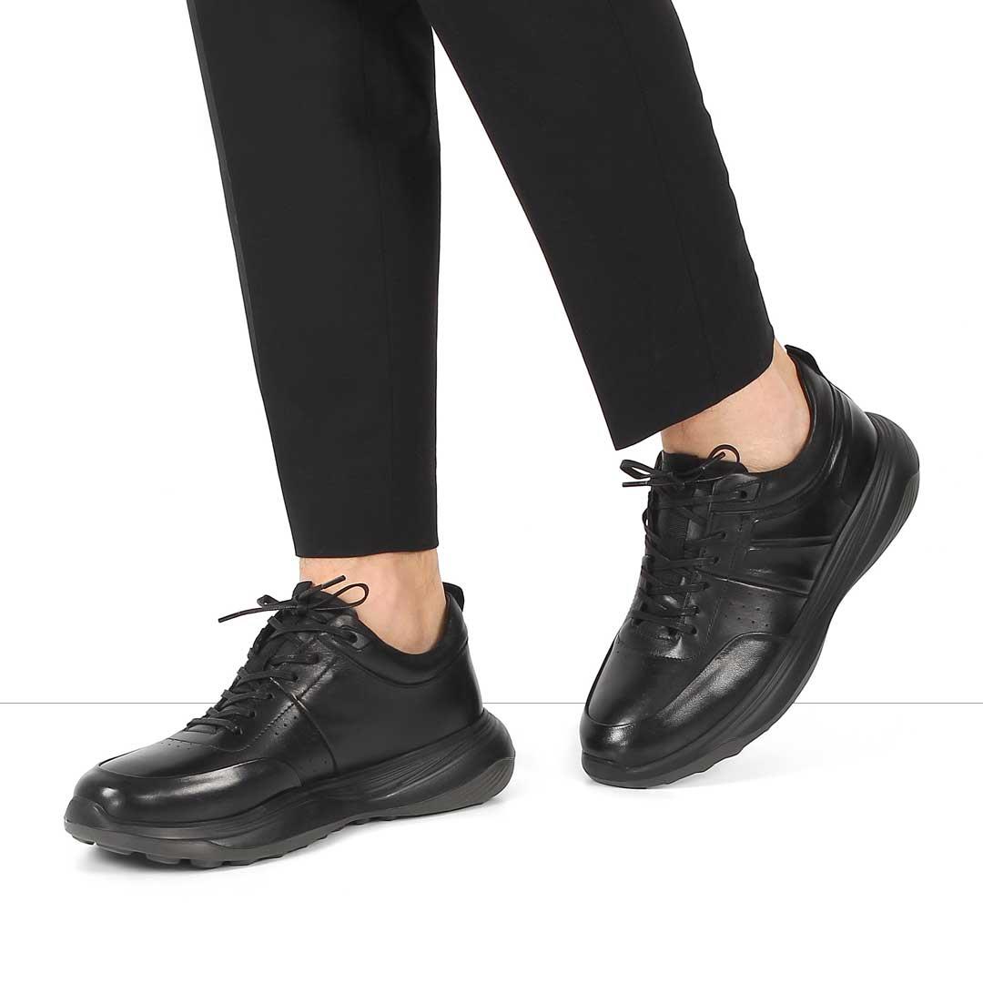 Erkek Siyah Bağcıklı Kalın Tabanlı Deri Sneaker