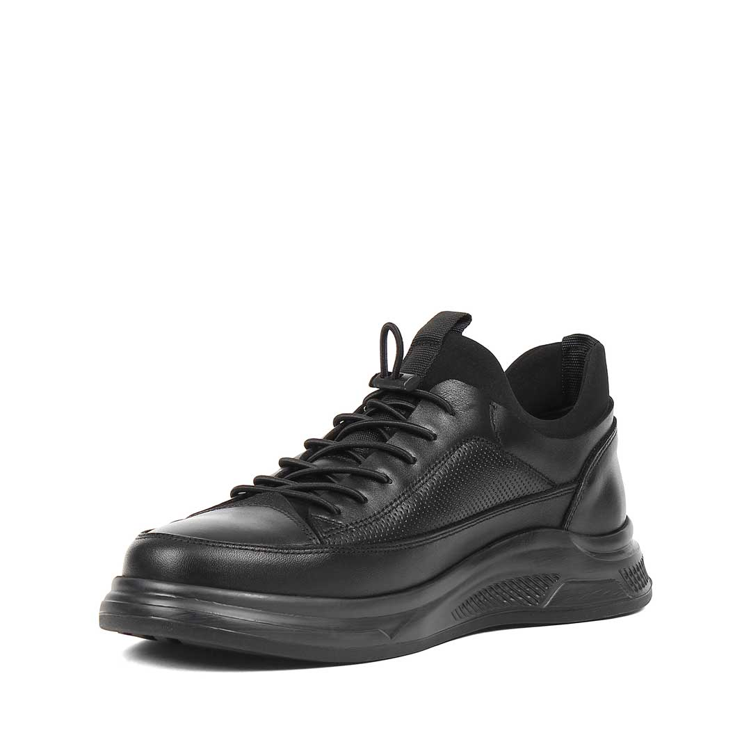 Erkek Siyah Bağcıklı Kalın Tabanlı Deri Sneaker