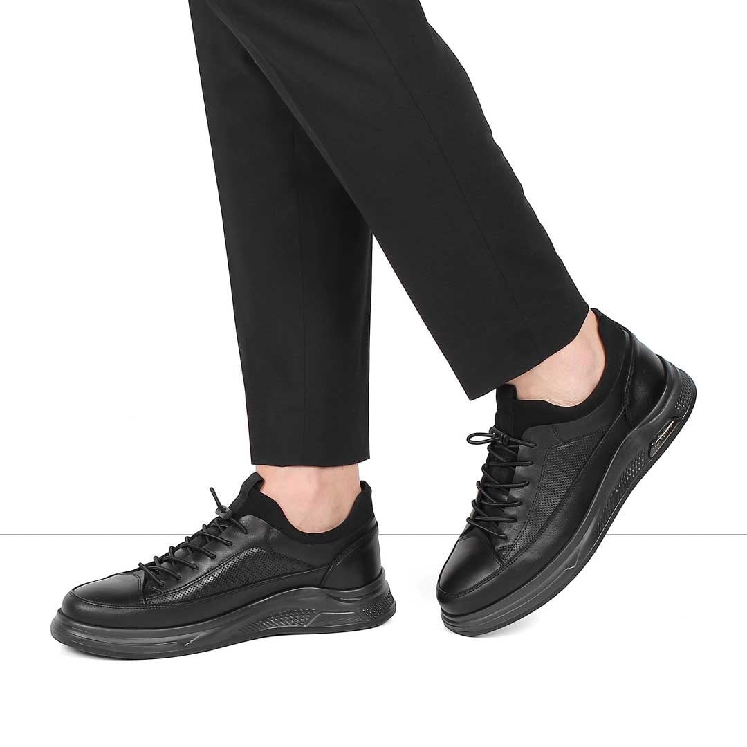 Erkek Siyah Bağcıklı Kalın Tabanlı Deri Sneaker