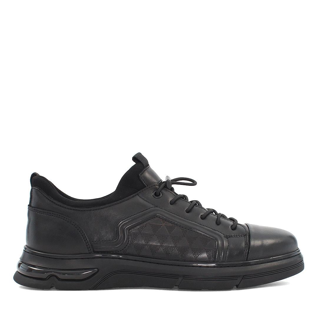 Erkek Siyah Bağcıklı Kalın Tabanlı Deri Sneaker