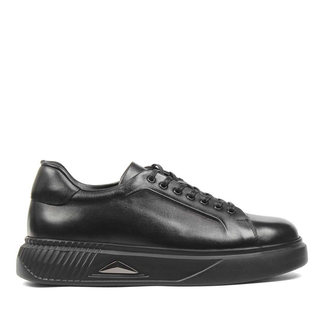 Erkek Siyah Bağcıklı Kalın Tabanlı Deri Sneaker