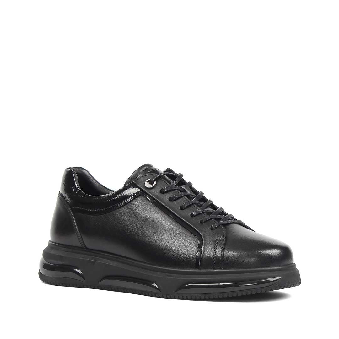 Erkek Siyah Bağcıklı Kalın Tabanlı Deri Sneaker