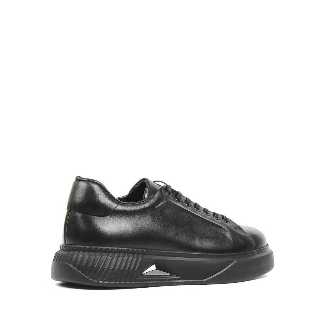 Erkek Siyah Bağcıklı Kalın Tabanlı Deri Sneaker