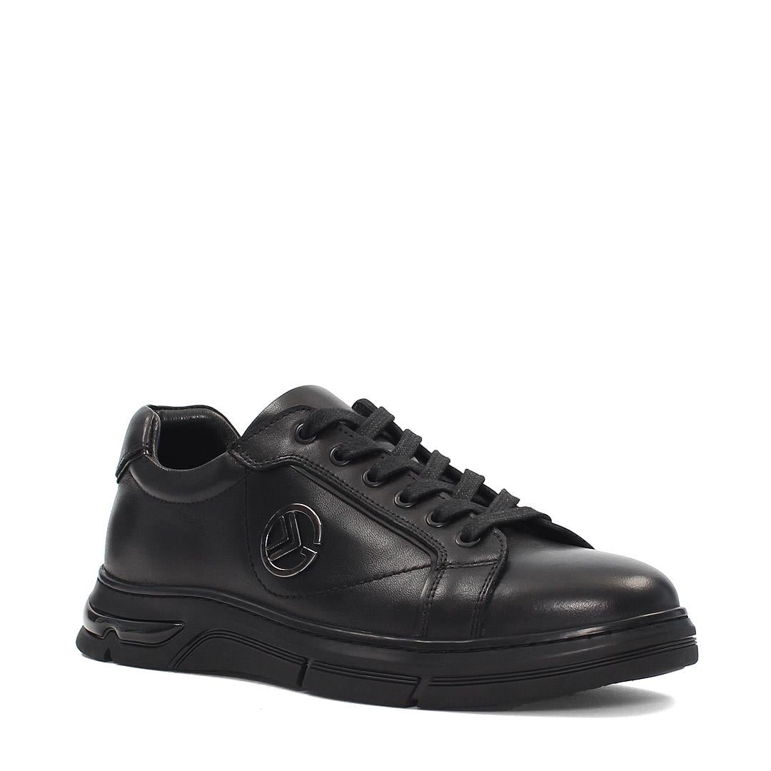 Erkek Siyah Bağcıklı Kalın Tabanlı Deri Sneaker
