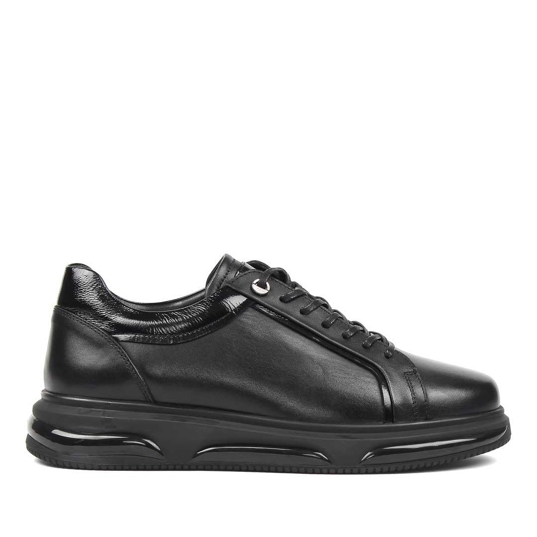 Erkek Siyah Bağcıklı Kalın Tabanlı Deri Sneaker