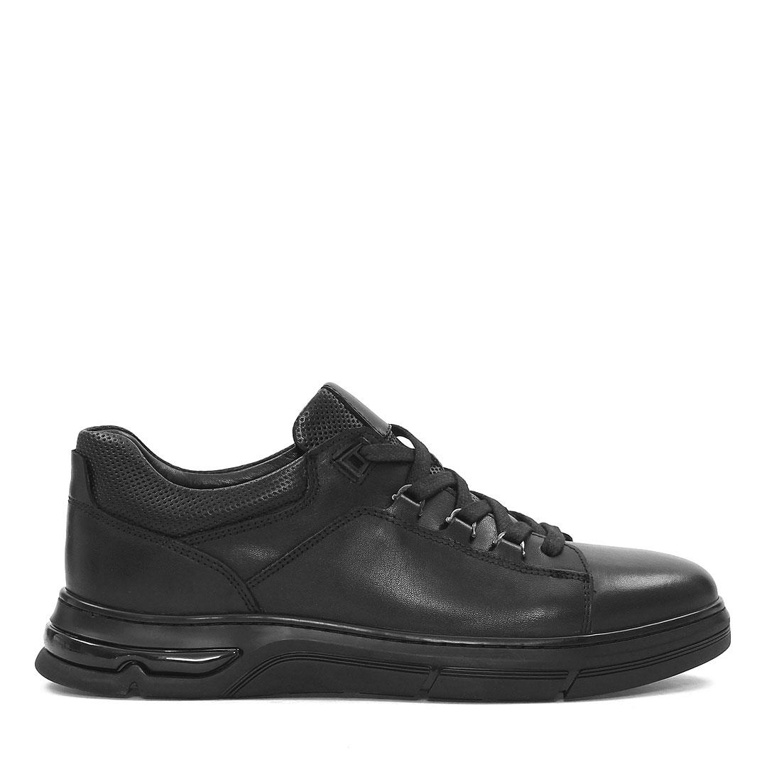 Erkek Siyah Bağcıklı Kalın Tabanlı Deri Sneaker