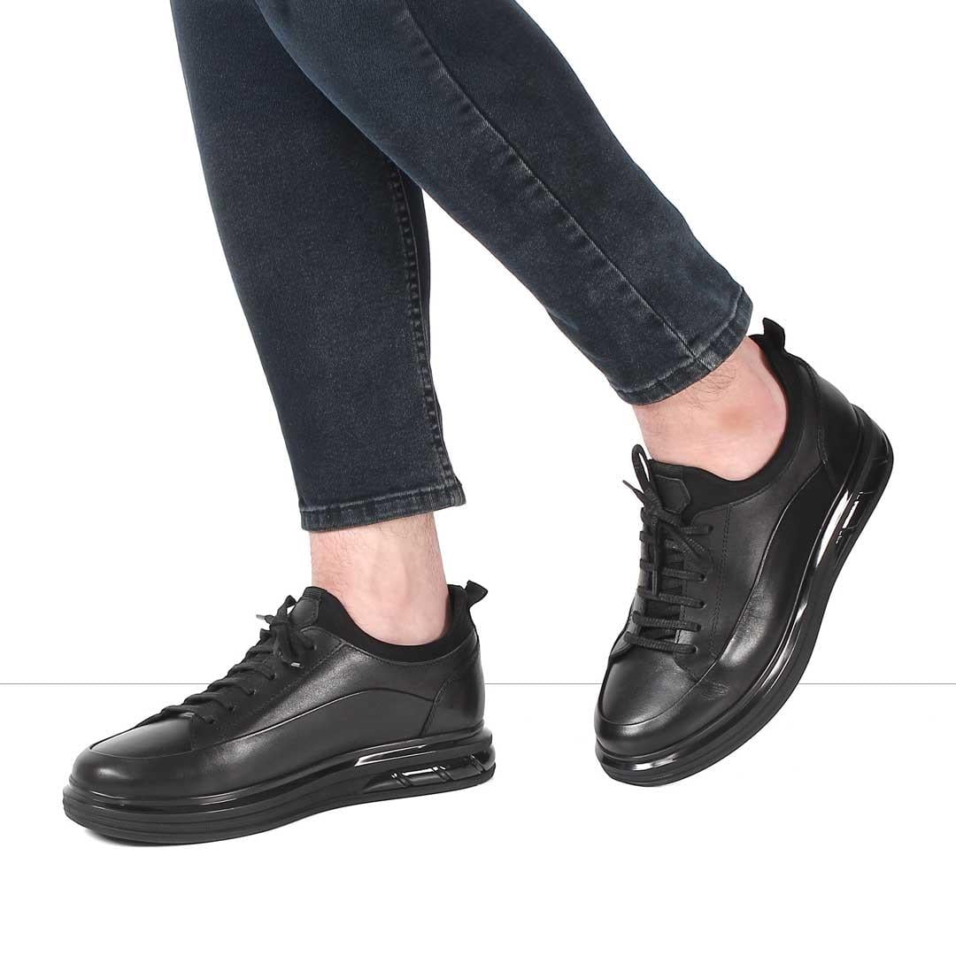 Erkek Siyah Bağcıklı Kalın Tabanlı Deri Sneaker