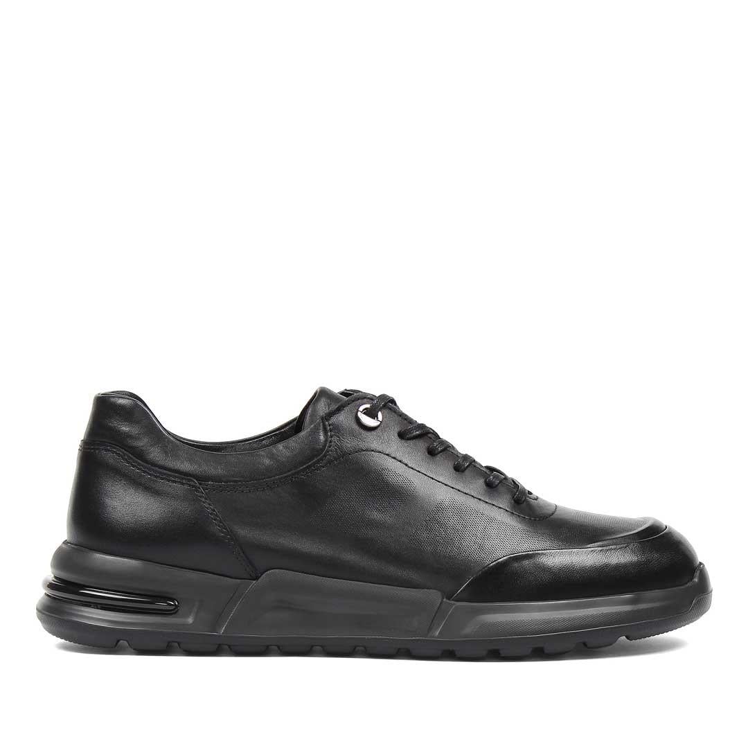 Erkek Siyah Bağcıklı Kalın Tabanlı Deri Sneaker