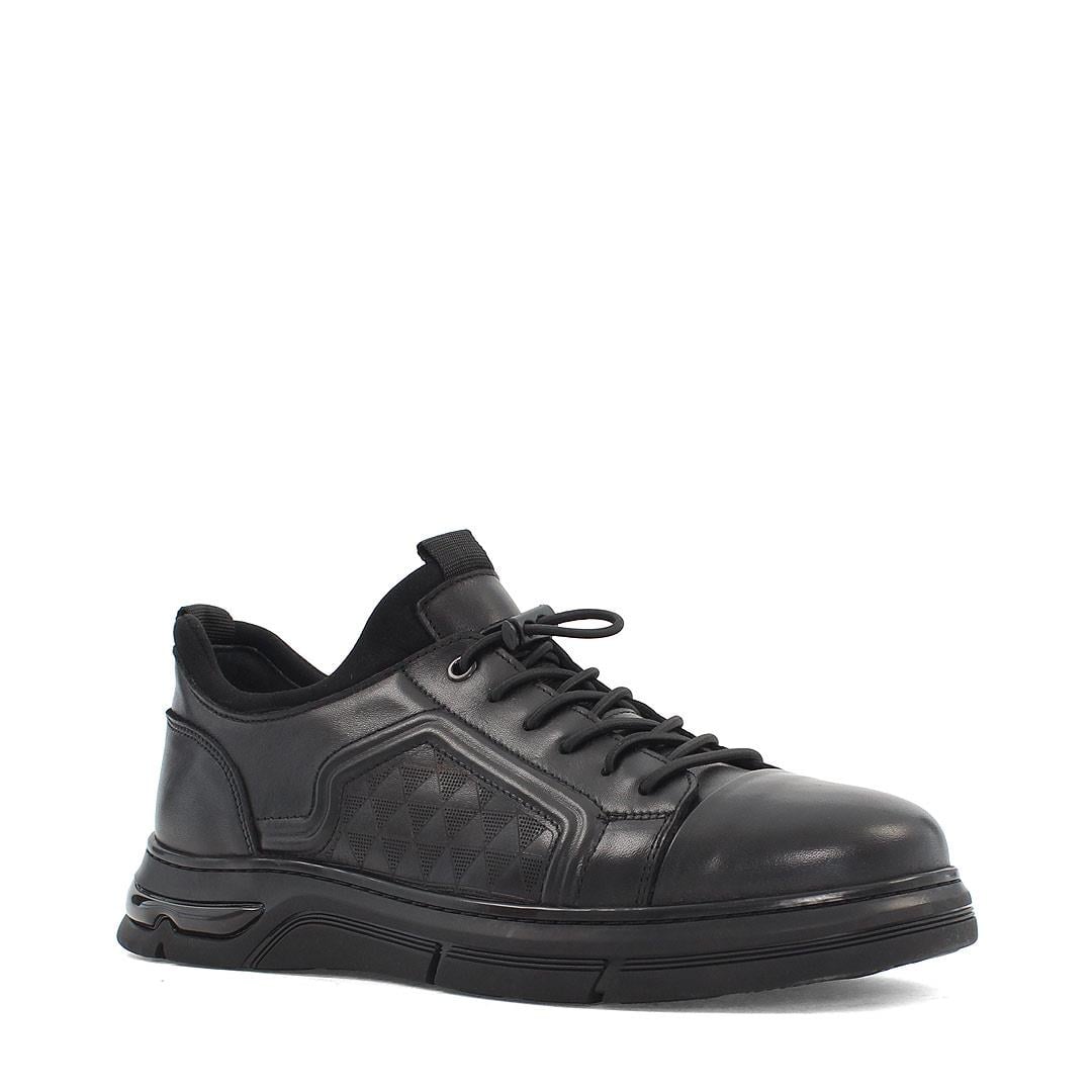 Erkek Siyah Bağcıklı Kalın Tabanlı Deri Sneaker