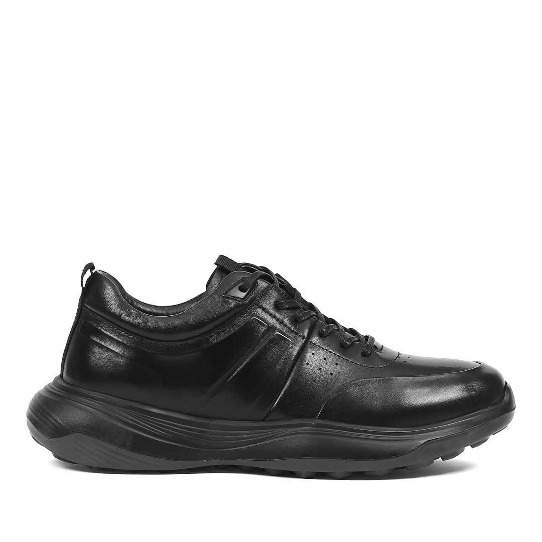 Erkek Siyah Bağcıklı Kalın Tabanlı Deri Sneaker