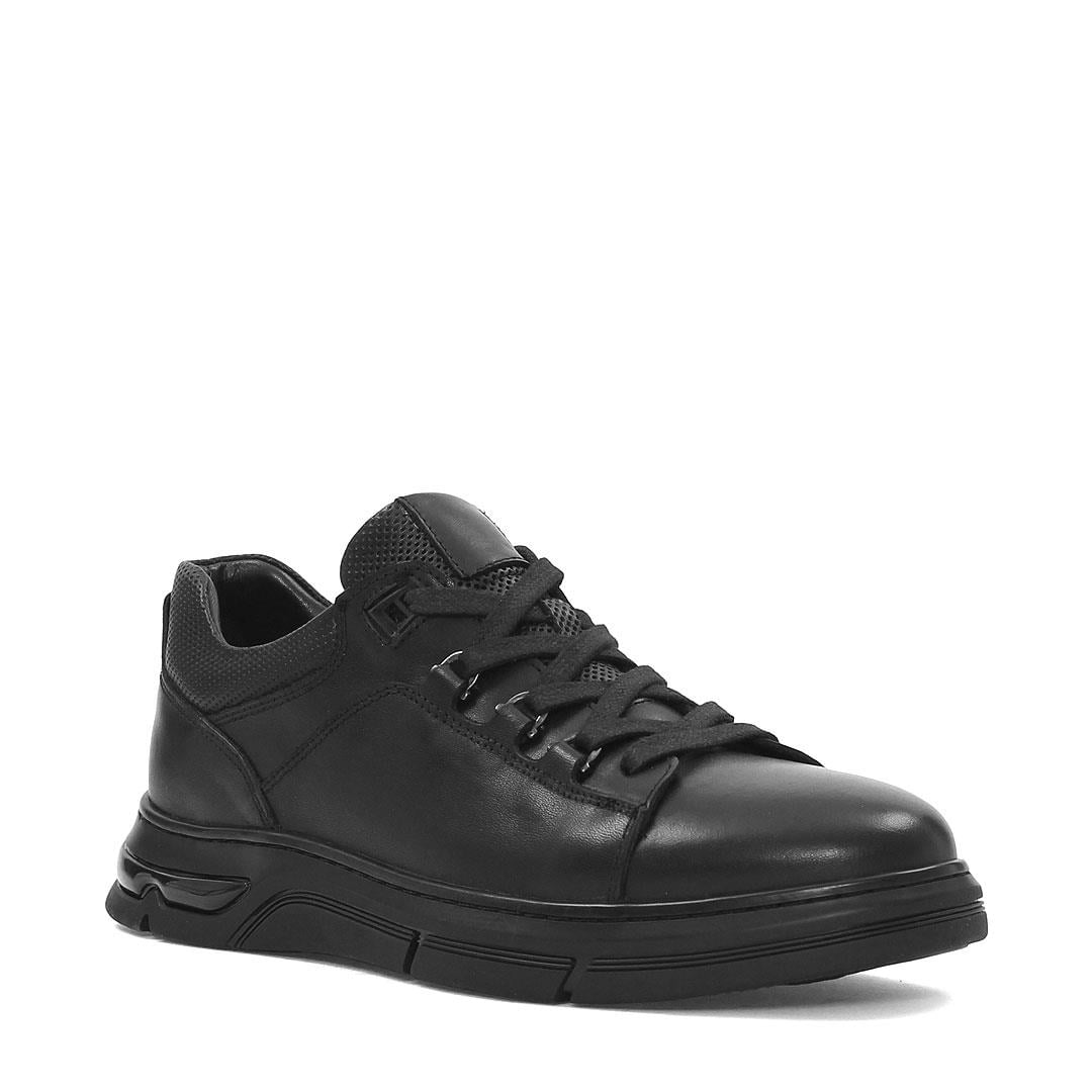 Erkek Siyah Bağcıklı Kalın Tabanlı Deri Sneaker