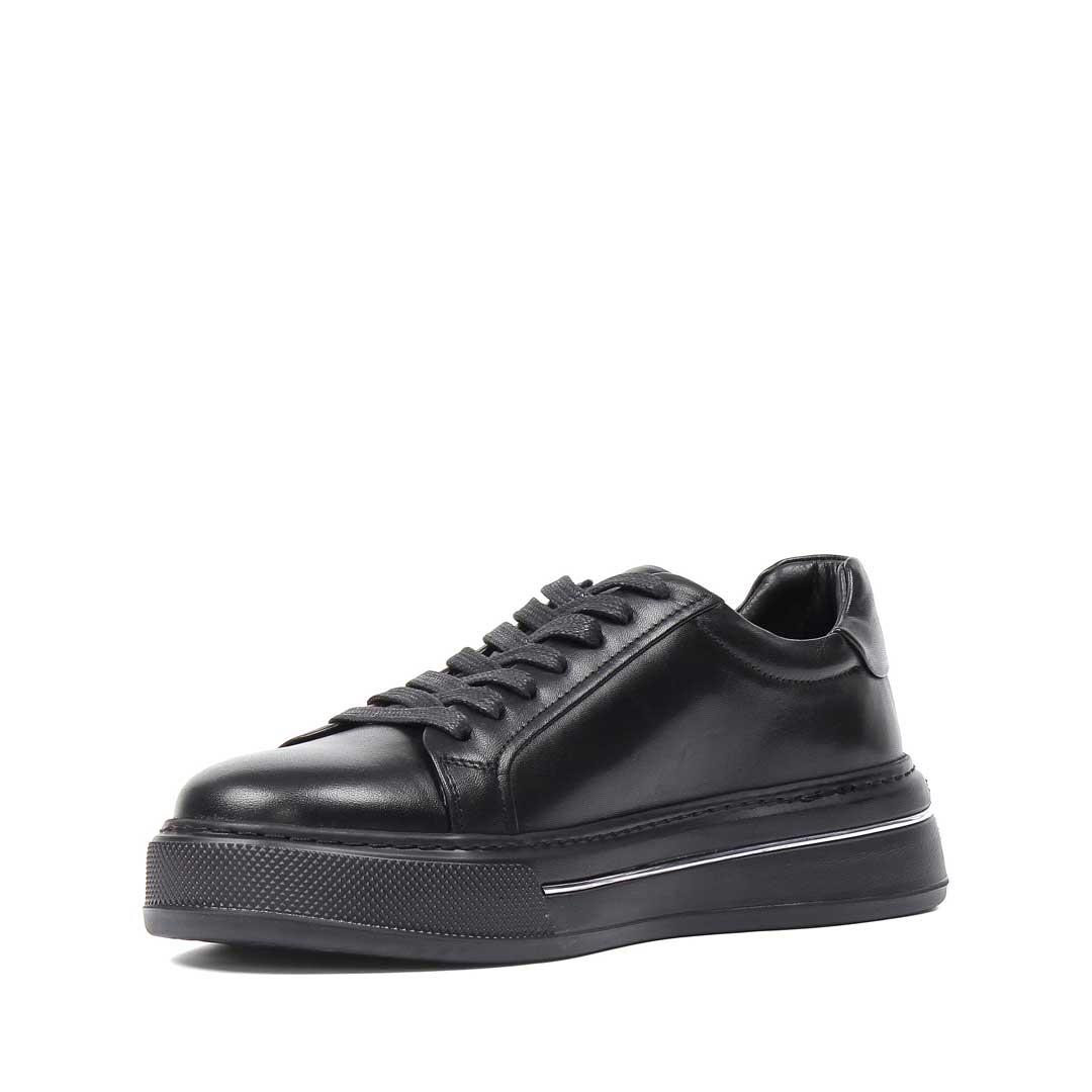 Erkek Siyah Bağcıklı Kalın Tabanlı Deri Sneaker