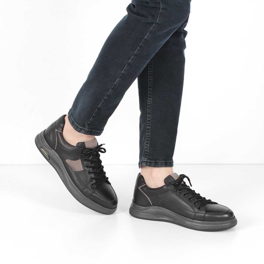 Erkek Siyah Bağcıklı Kalın Tabanlı Deri Sneaker