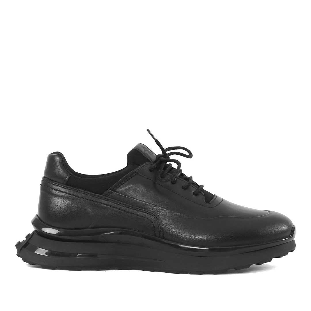 Erkek Siyah Bağcıklı Kalın Tabanlı Deri Sneaker