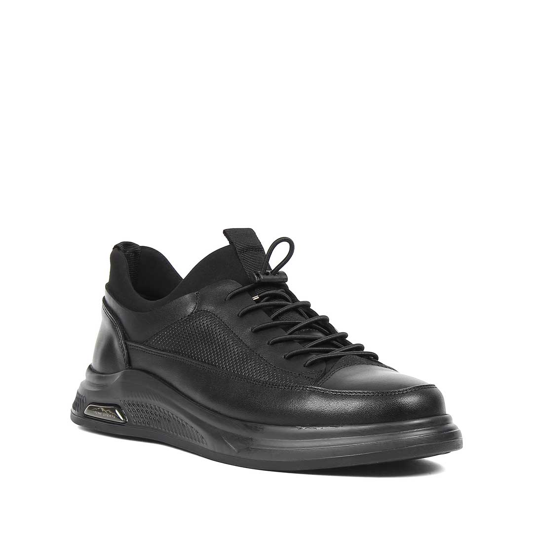 Erkek Siyah Bağcıklı Kalın Tabanlı Deri Sneaker