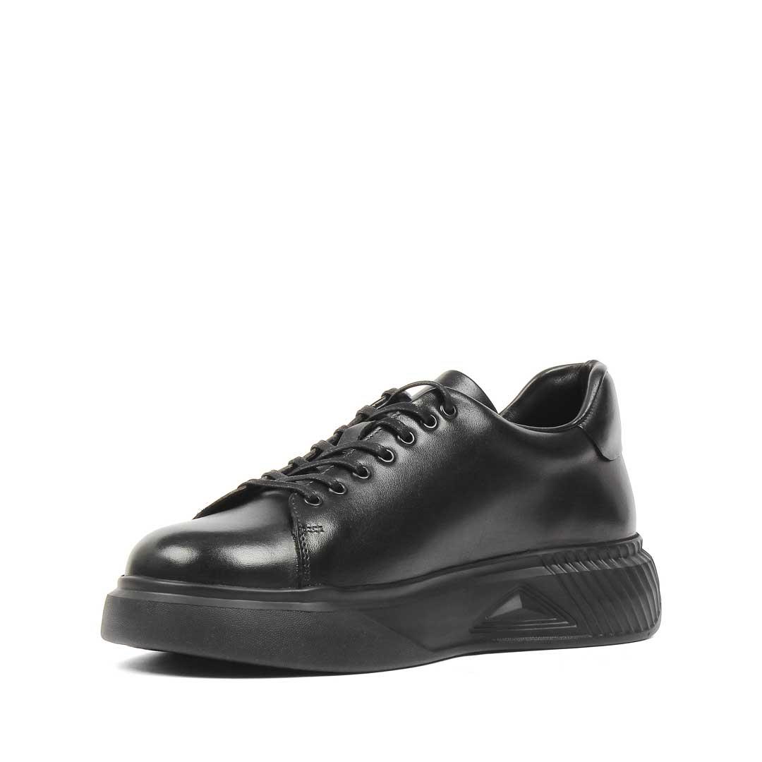 Erkek Siyah Bağcıklı Kalın Tabanlı Deri Sneaker
