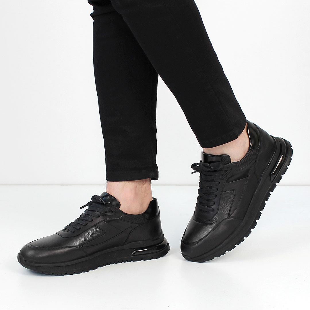 Erkek Siyah Bağcıklı Kalın Tabanlı Deri Sneaker