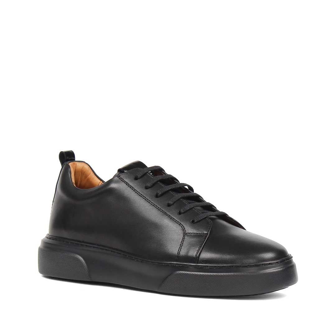 Erkek Siyah Bağcıklı Kalın Tabanlı Deri Sneaker