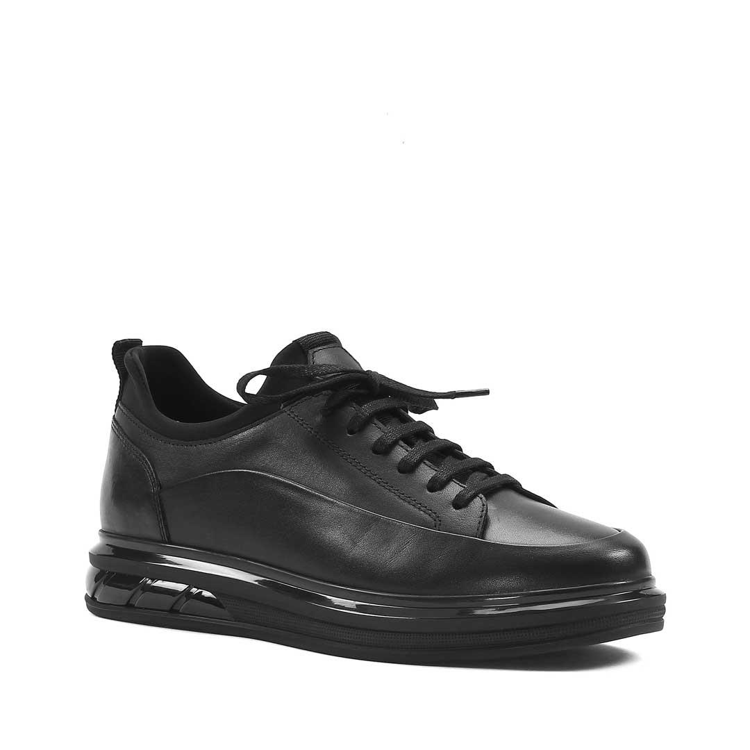 Erkek Siyah Bağcıklı Kalın Tabanlı Deri Sneaker