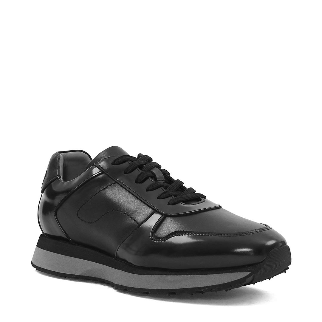 Erkek Siyah Bağcıklı Kalın Tabanlı Deri Sneaker