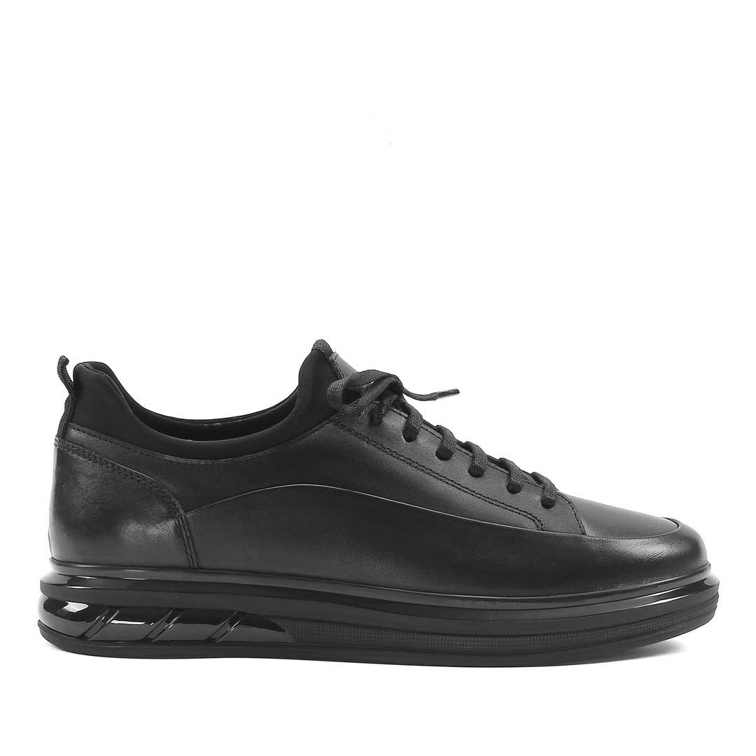 Erkek Siyah Bağcıklı Kalın Tabanlı Deri Sneaker
