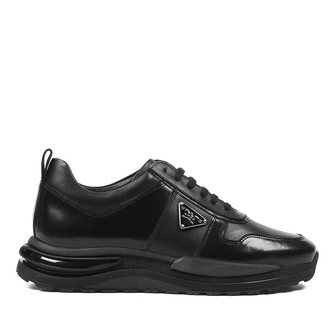 Erkek Siyah Bağcıklı Kalın Tabanlı Deri Sneaker