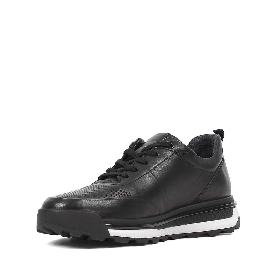 Erkek Siyah Bağcıklı Kalın Tabanlı Deri Sneaker