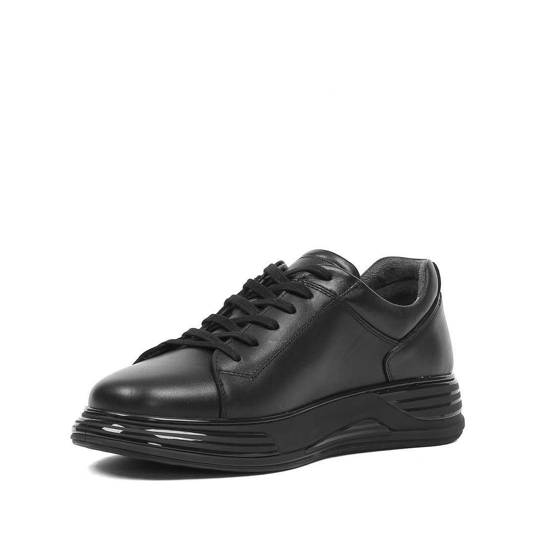 Erkek Siyah Bağcıklı Kalın Tabanlı Deri Sneaker