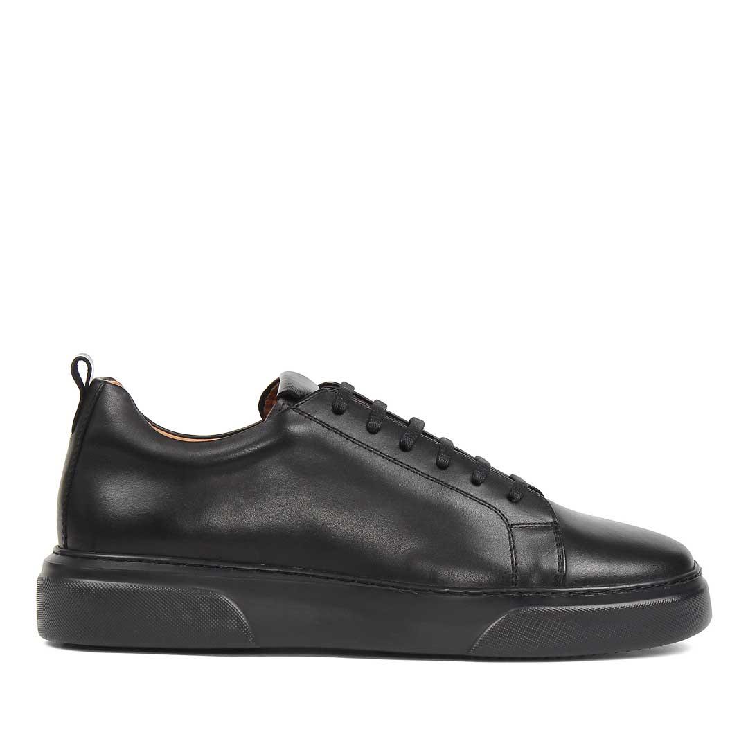 Erkek Siyah Bağcıklı Kalın Tabanlı Deri Sneaker