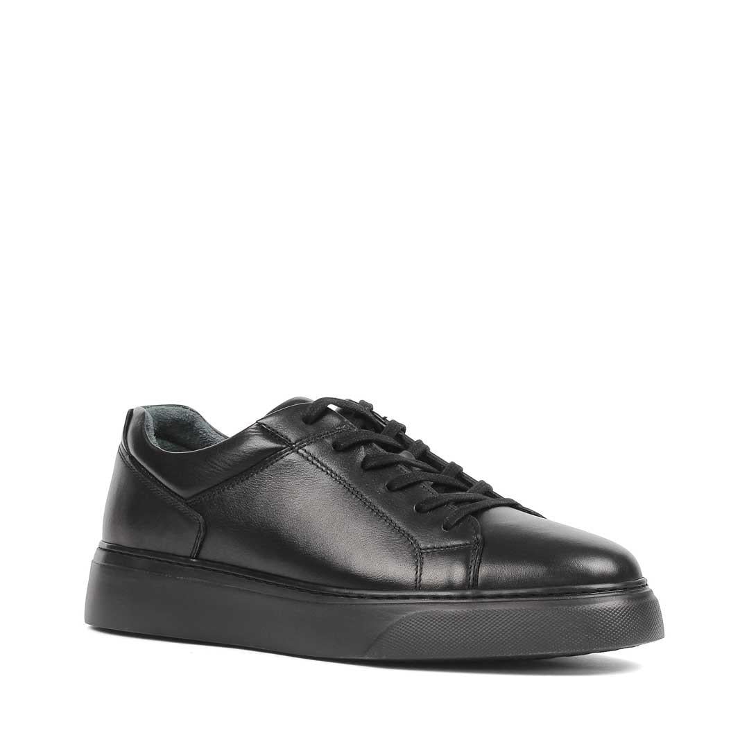 Erkek Siyah Bağcıklı Kalın Tabanlı Deri Sneaker
