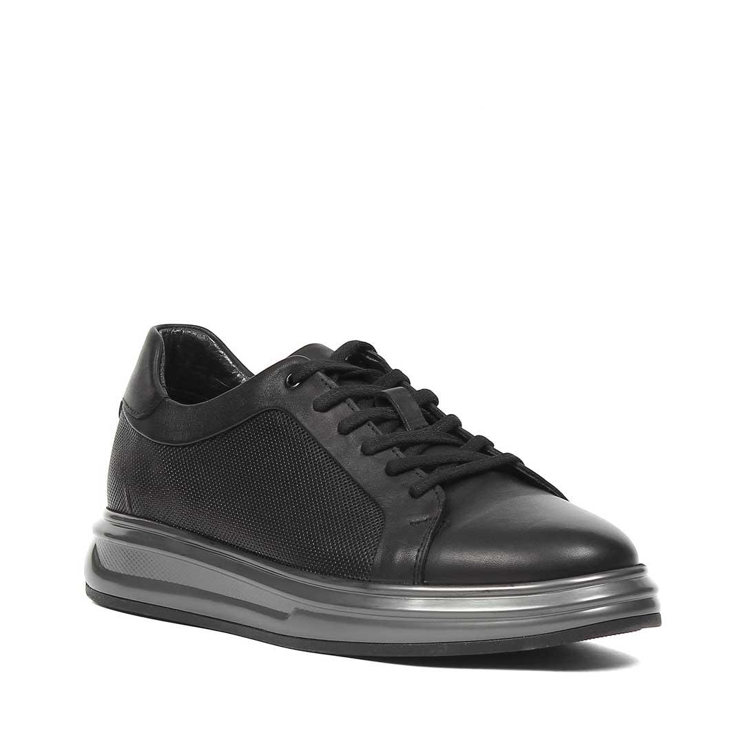 Erkek Siyah Bağcıklı Kalın Tabanlı Deri Sneaker