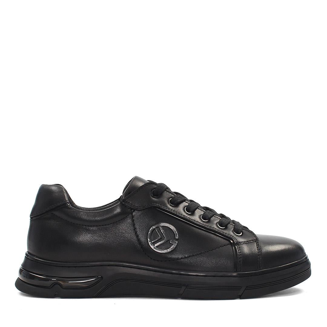 Erkek Siyah Bağcıklı Kalın Tabanlı Deri Sneaker