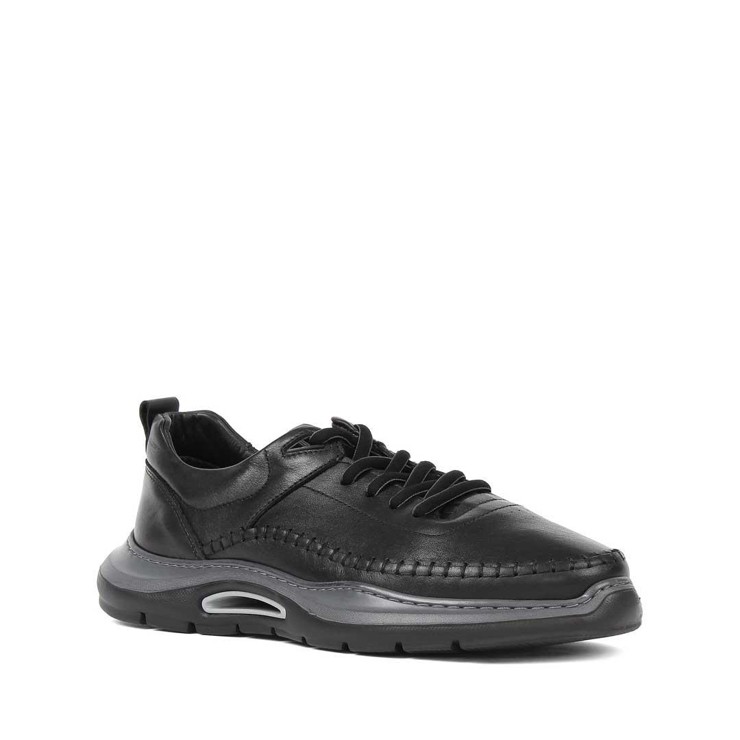 Erkek Siyah Bağcıklı Kalın Tabanlı Deri Sneaker