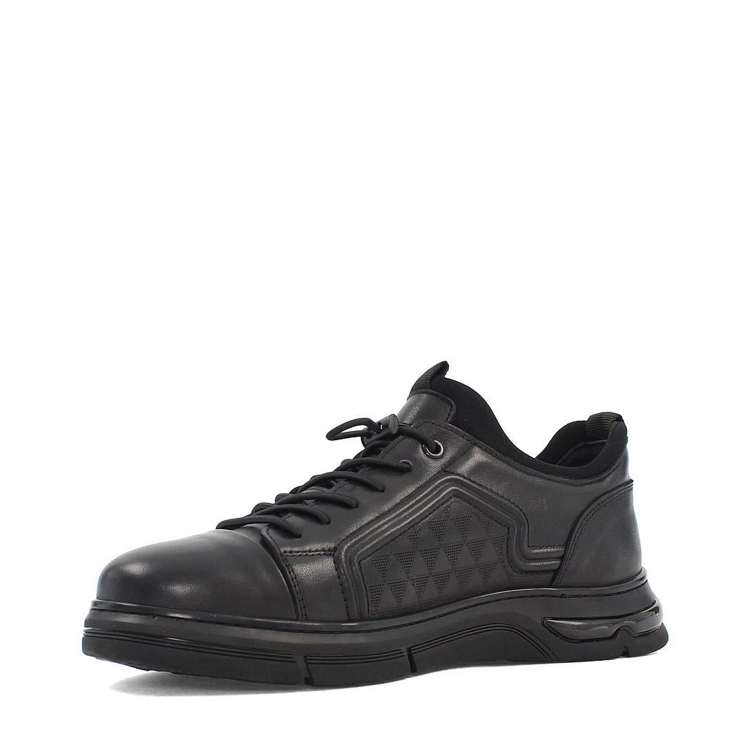 Erkek Siyah Bağcıklı Kalın Tabanlı Deri Sneaker