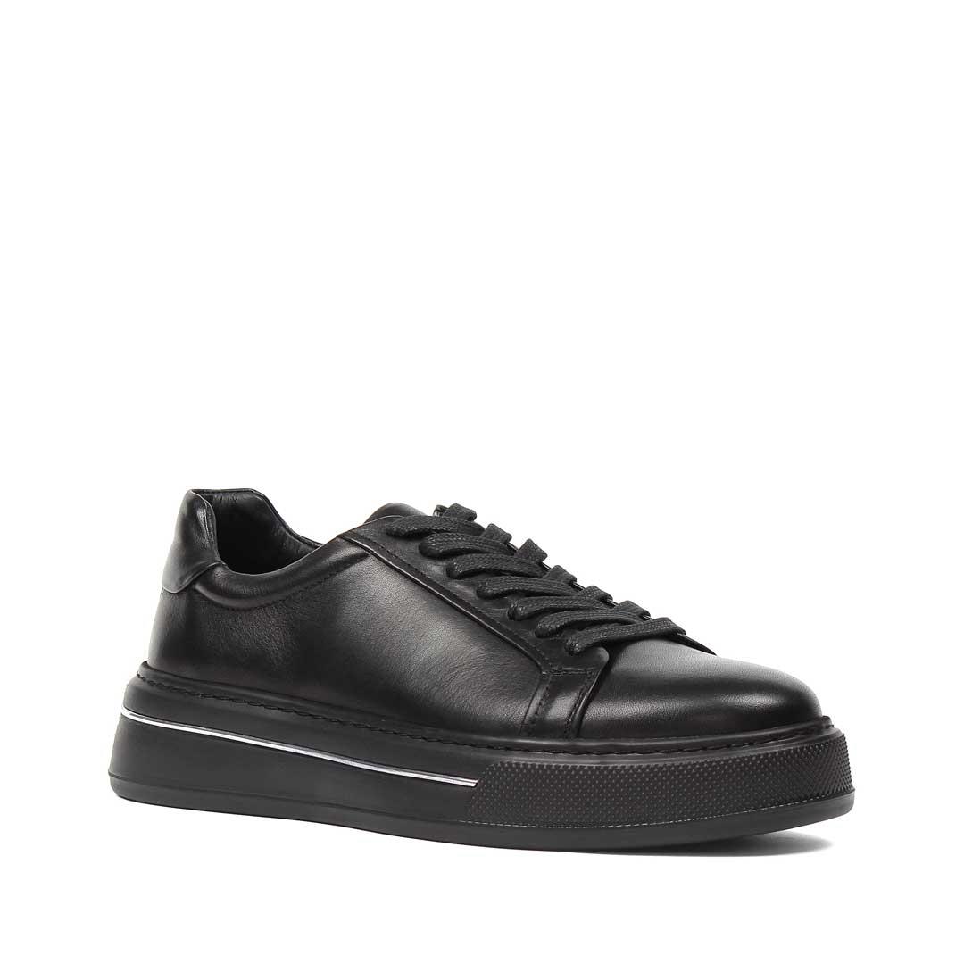 Erkek Siyah Bağcıklı Kalın Tabanlı Deri Sneaker